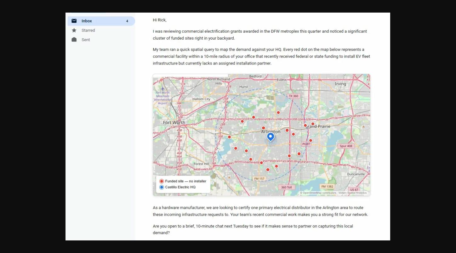 Personalized outbound email with embedded map showing funded EV charging sites near prospect HQ